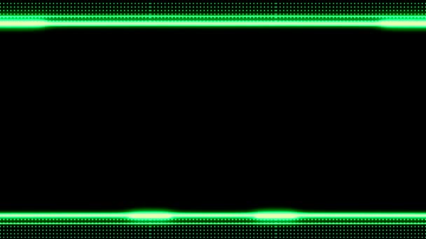 黒い背景に緑のフレームの正方形の水平なフレームを輝かせる長方形のカラフルなネオン 点が付いている長い点滅ライン 真ん中の自分のコンテンツのための空白スペース — ストック動画
