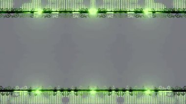 Dikdörtgen, neon noktalarla süslenmiş, parlak yeşil, kare çerçeve, gri arkaplanda yatay çerçeve. Uzun hareketli kuyruklar. Ortadaki kendi içeriğiniz için boş alan.