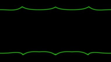 Yatay olarak parlayan uzun çizgiler, hareket eden neon ışık efektli kare çerçeve, yeşil çerçeve. Ortadaki kendi içeriğiniz için boş siyah boşluk.