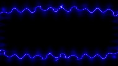 Hafif dalgalı, uzun, parlak çizgiler, neon ışık efektli dikdörtgen bir çerçeve, mavi çerçeve. Ortadaki kendi içeriğiniz için boş siyah boşluk.
