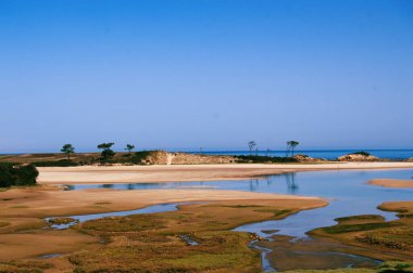 Sahili, denizi ve İspanya 'daki kumulları görmek.