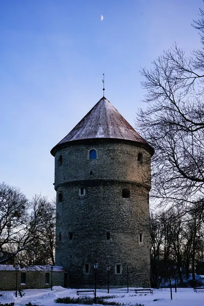 Estonya, Tallinn 'deki ortaçağ kalesinin üzerindeki ay.