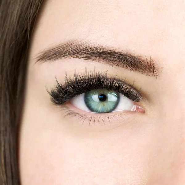 長い偽の発疹を持つ女性の緑色の目の美しいマクロショット メイクとセクシーなまつげの拡張を持つ若い女性 ファッションのクローズアップ美の写真 Kim Wispy効果ボリュームラッシュエクステンションセット — ストック写真