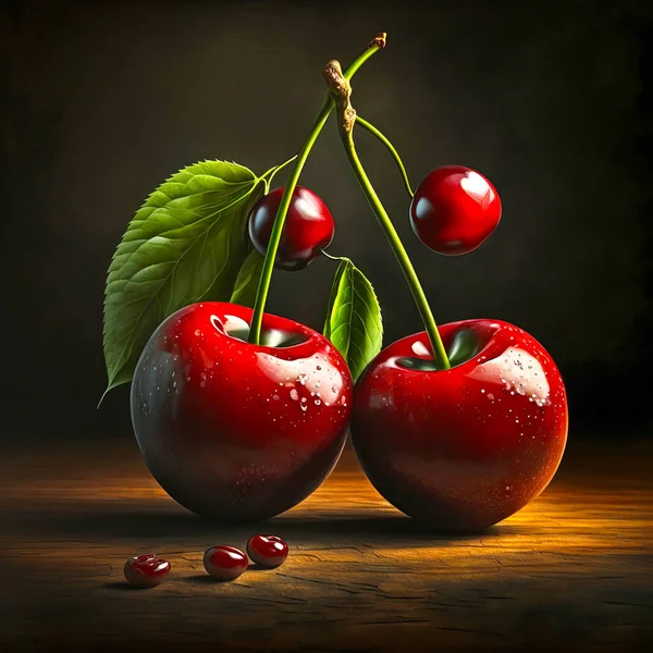 Still life illustration with cherries on the wooden table. Vintage style