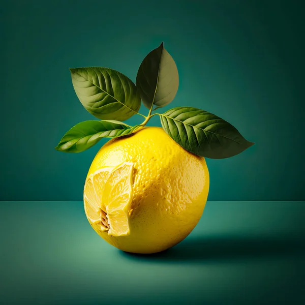 Still life illustration with lemon isolated on green background. Creative style