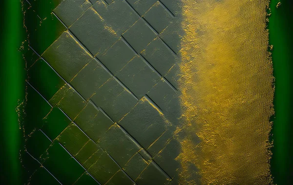 Green metallic backround with golden distressed grunge elements. Old metallic tile with abstract geometric ornament.