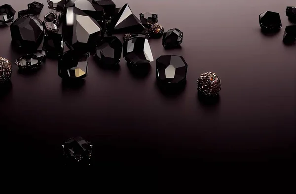 Black geometric crystals gemstone on black background. Beautiful natural stones.