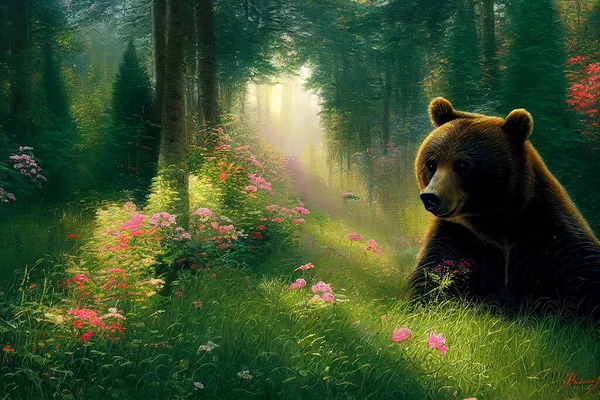 Bear on a green background with flowers in the forest. Illustration for advertising, cartoons, games, print media.