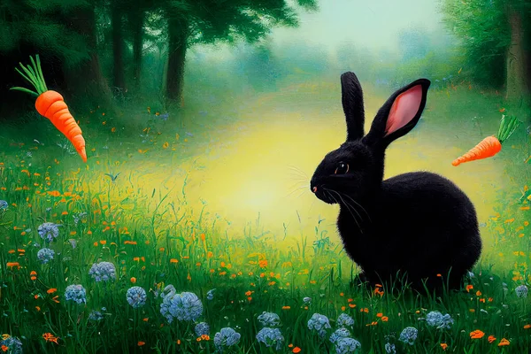 Black rabbit in the forest, in the wild. Illustration for advertising, cartoons, games, print media. My collection of animals.