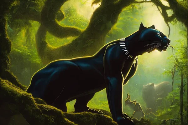 Black Panther in the jungle. A character for advertising cartoons, posters, cards. Illustration.