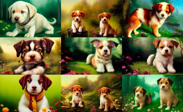 Animal characters for cartoons. Cute emotional puppies. Green background with flowers in the forest. Collage. Illustration for advertising, cartoons, games, print media.