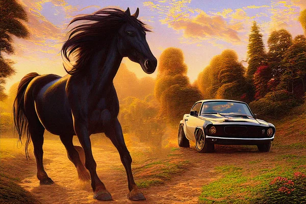 Horse in nature. Landscape. The car is in the background. Horse power. Illustration for advertising, cartoons, games, print media.