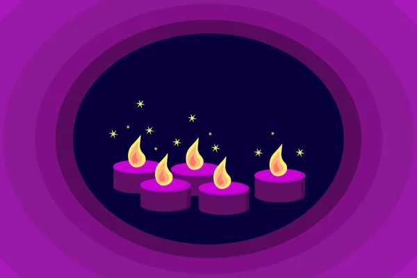 在深紫色背景下燃烧魔法蜡烛的矢量图解 室内空气中散发着蜡烛的香味 令人难以置信地照亮了周围的空间 房子的设计 神奇的书籍和故事 — 图库矢量图片
