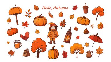 Sonbahar kıyafetindeki bebekler, yapraklar, rahat fener, fincan, çaydanlık, portakal ağaçları, şemsiye, çanta, kuş. Sonbahar sezonunun hatıra defteri koleksiyonu. Sonbahar kartpostalı. Vektör