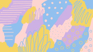 Memphis tarzında soyut bir geçmiş, çizgi film. Karalamalar, noktalar daireler çizgiler, sessiz sarı, mor, mavi, pembe renkler. Vektör.