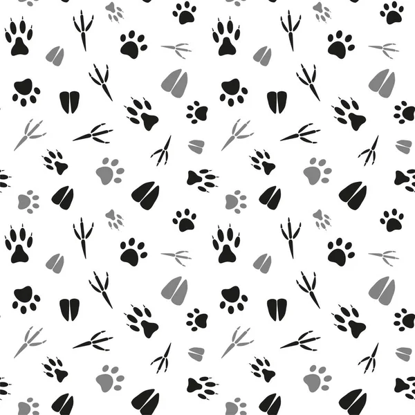 Black White Seamless Pattern Traces Various Animals Birds Vector Isolated — Stock Vector