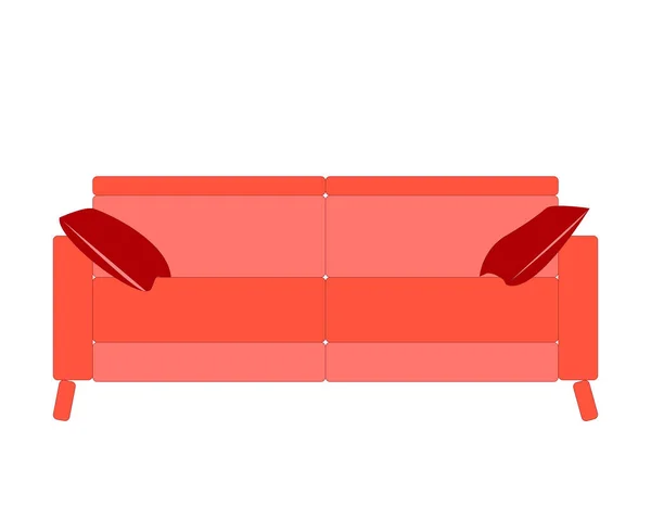 Przytulna Czerwona Sofa Poduszkami Meble Wewnętrzne Projektowanie Prosta Płaski Styl — Wektor stockowy