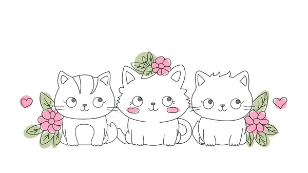 Drei Süße Kätzchen Sitzen Nebeneinander Gras Und Auf Den Blumen — Stockvektor