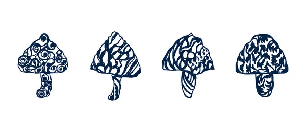 白い背景に隔離された異なる素晴らしいキノコ 手描きのセット ブラックインディゴシルエット ベクトルイラスト 魔法の植物のコレクション グラフィック タトゥー デザイン要素 — ストックベクタ