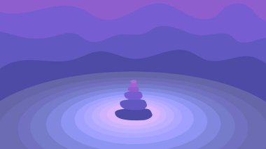 Soyut mavi mor arkaplanda Zen taşları. Zihin huzuru, sakinleşme, rahatlama, uyum, denge, sakinleşme, ruhsal huzur, huzur. Vektör illüstrasyonu