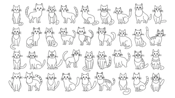 Набор Мультяшных Котов Черно Белая Простая Линейная Векторная Иллюстрация Изолирована — стоковый вектор