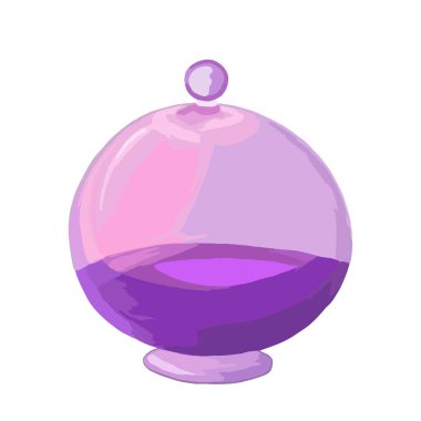 Mor cam yuvarlak şişe, şişe, şişe, kap, içinde sıvı olan kavanoz. İçinde iksir ya da iksir olan bir şişe. Sihirli iksir. Maneviyat, okültizm, kimya. Beyaz arkaplanda izole edilmiş vektör.