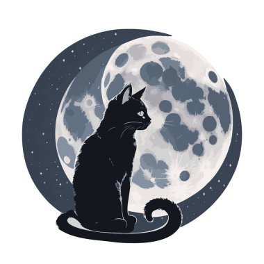 Bir kara kedi ayın arka planında oturur. Gizemli illüstrasyon, mistisizm. Vektör izole illüstrasyon. İdeal Cadılar Bayramı geçmişi, dövme sanatı, maneviyat, boho tasarımı.