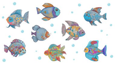 Collection of vector cute fishes in flat style. Set of cartoon colorful fish. Marine underwater life. Vector for icon, logo, print, icon, card, emblem, label, design, decorating a nursery. Aquarium. clipart