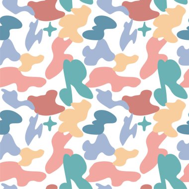 Kusursuz desenli, çok renkli soyut noktalar, Memphis tarzı, 90 'lar. Soyut doku, lekeler, lekeler, damlalar. Kağıt tasarımı için parlak vektör çizimi, etiketler, kumaş baskısı, çocuk odası duvar kağıdı