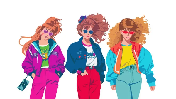 Three Girls Friends 90S Collection Characters Trendy Retro Memphis Style — Stock Vector