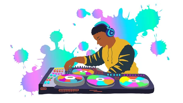 African American Playing Music Turntable Party Equipment Spins Colored Music — Stock Vector
