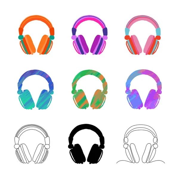 Set Von Hellen Kopfhörern Verschiedenen Farben Und Texturen Einem Flachen — Stockvektor