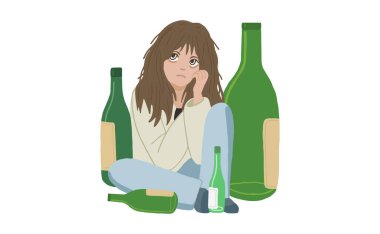 Kadın alkolizmi işte. Sarhoş genç bir kadın boş şişelerin içinde oturuyor. Alkol bağımlılığı. Alkol bağımlılığı. Akıl sağlığı. Depresyon, stres, kötü alışkanlık, sağlıksız yaşam tarzı. İzole vektör.