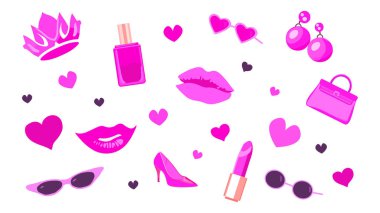 Göz alıcı moda pembe set. Pembe oyuncak bebek aksesuarları. Kızlar için bebek koleksiyonu. İzole vektör. Taç, parfüm, ruj, dudaklar, öpücük, çanta, güneş gözlüğü, küpeler topuklu kalpler.