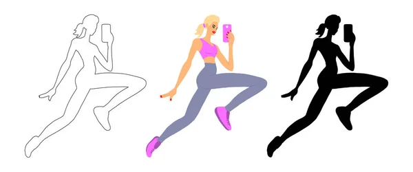 アスレチックな金髪の女性がジャンプしてセルフィーを取ります ガールブロガーのジョギングはオンライン放送をリードします カラー シルエット アウトライン ベクトルは白で隔離された スポーツ 健康的なライフスタイルソーシャルネットワーク — ストックベクタ