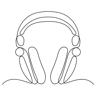 Bir çizgi tarzı kablosuz müzik DJ kulaklığı. Kulaklıklar düz simge. Devamlı çizgi çizimi. Müzik dinlemek için araç gereç. Kulaklık, müzisyen ekipmanı. Vektör izole edildi. Simge, amblem, kıyafet baskısı.