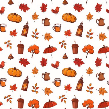 Kusursuz desenli turuncu sonbahar. Merhaba, Fall. Balkabakları, yapraklar, fındıklar, kuşlar, çaydanlık, kırmızı şemsiye. Beyaz üzerine vektör. Tekstil giyim kırtasiyesi için Parlak arkaplan sonbahar kartı baskısı