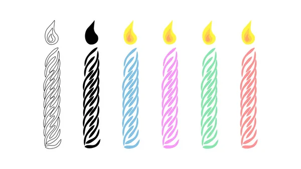 Set Von Festlich Brennenden Mehrfarbigen Kerzen Silhouette Und Umriss Wachsspiralkerzen — Stockvektor