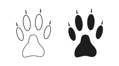 Köpek, kurt, çakal ya da pençeli tilki pençesi. Siluet, dış hatlar. Simge. Siyah vektör beyaza izole edildi. Vahşi bir hayvanın patisi, çakal, bulldog, çoban, teriyer, av köpeği, rottweiler