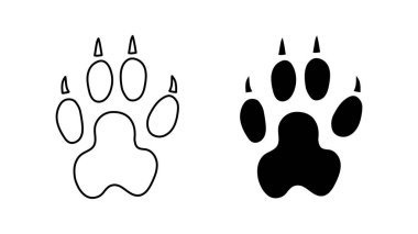 Tavşan ya da tavşan pençesi izi. Siluet, dış hatlar. Simge. Siyah vektör beyaza izole edildi. Tüylü tavşan, tavşan ya da pika 'nın patili ayak izi. Simge, sembol. Yazdır, tekstil, kartpostal, kitapçık, evcil hayvan dükkanı, hayvanat bahçesi