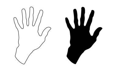 İnsan el izi. Yetişkin el izi. İnsan parmakları ve avuç içleri. Siluet, taslak. Simge. Vektör beyazda izole edildi. Tasarım, baskı, illüstrasyon, tekstil posta kartı posteri için