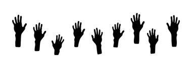 İnsan elini kaldırdı. Siyah siluet. Bir dizi insan el izi. Simge, vektör, beyaz üzerine izole edilmiş. Eğitim, sağlık, tıp ve gönüllülük için tasarım unsuru. Konsept takım çalışması, işbirliği oylaması