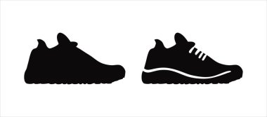 Sneaker. Siyah beyaz ikon, siluet. Beyaz arkaplanda vektör çizimi izole edildi. Spor ayakkabıları. Basit düz grafikler. Tasarım ögesi, pictogram, logo