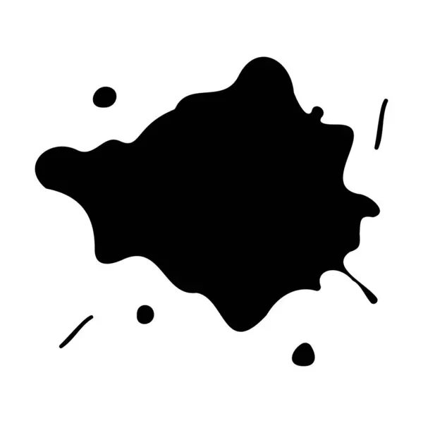 Mürekkep lekesi. Damlalarla ve sıçramalarla dolu soyut bir leke. Siyah boya sıçraması. Beyaz arkaplanda izole edilmiş vektör illüstrasyonu. Sıvı kirli mürekkep lekesi. Grunge tarzı. Doku. Tasarım ögesi
