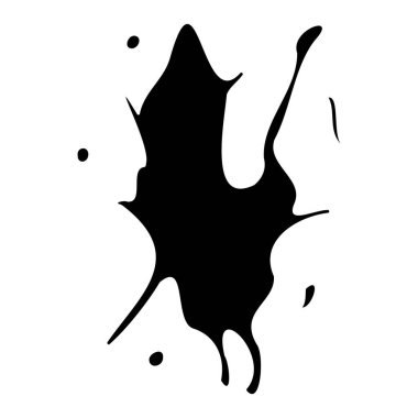 Mürekkep lekesi. Damlalarla ve sıçramalarla dolu soyut bir leke. Siyah boya sıçraması. Beyaz arkaplanda izole edilmiş vektör illüstrasyonu. Sıvı kirli mürekkep lekesi. Grunge dokusu. Tasarım ögesi.