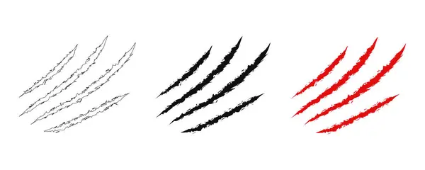 Hayvan pençesi çizikleri ve izleri. Hazır ol. Siyah ve kırmızı kanlı siluetler ve çizgiler. Simge, düz. Vektör beyaz arkaplanda izole edildi. Kedi, kaplan, aslan, köpek, jaguar, ayı, puma, leopar çizikleri.