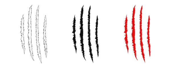 Hayvan pençesi çizikleri ve izleri. Hazır ol. Siyah ve kırmızı kanlı siluetler ve çizgiler. Simge, düz. Vektör beyaz arkaplanda izole edildi. Kedi, kaplan, aslan, köpek, jaguar, ayı, puma, leopar çizikleri..