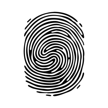 Fingerprint pattern, clear lines and swirls. Human thumbprint. Icon, pictogram, logo. Black and white illustration. Vector isolated on a white background. Security concept.
