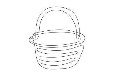 Hasır bir sepet ve saplı bir çizgi. Beyaz arkaplanda vektör çizimi izole edildi. Minimalist tarzda. Tasarım elemanı. Simge, logo, yazdırma, mobil uygulama, boyama kitabı için ideal