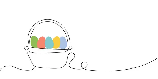 Renkli Paskalya yumurtalarıyla dolu bir sepet. Sürekli bir çizgi çiziyor. Beyaz arka planda izole edilmiş. Kopyalama alanı olan. Minimalist tarzda. Paskalya terfileri, tebrik kartları, bayram afişleri için ideal.